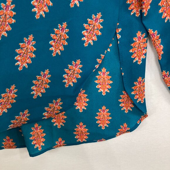 New Rose & Olive Large Blue Orange Boho Print Soft Flowy Long Sleeve Button Up - Picture 8 of 12
